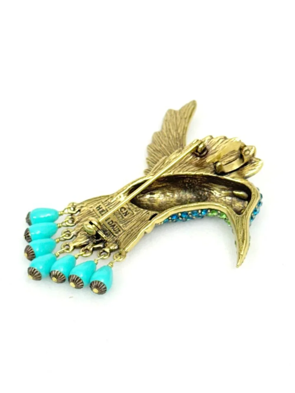 Heidi Daus Hummingbird Combo Brooch Rhinestone Embellished w/Dangling Beads